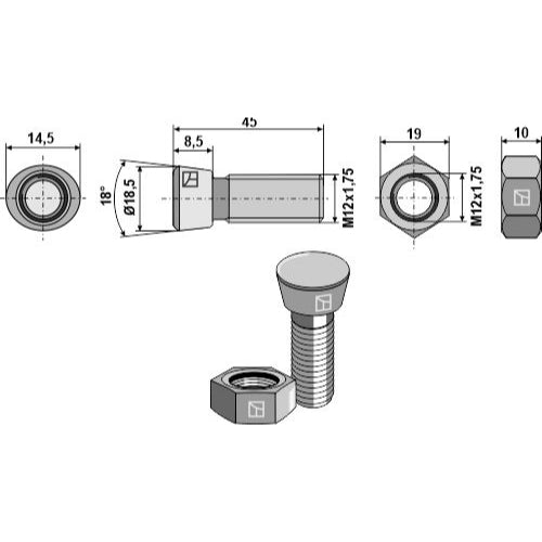 Tornillo de arado - M12 x 1-75 x 45 con tuerca hexagonal - LS11-TARM-088
