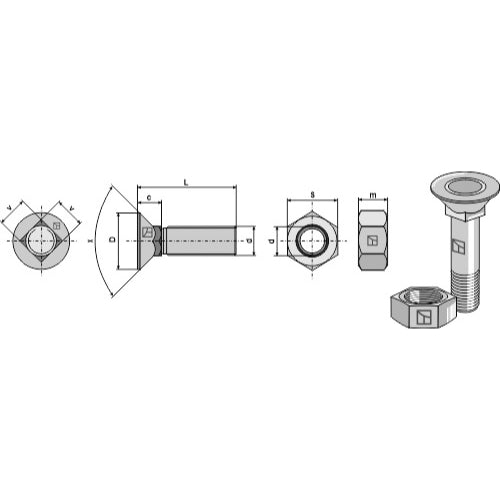Tornillo de arado - M12x1-75x80 con tuerca hexagonal - LS11-TARM-122