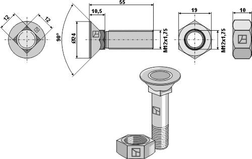 Tornillo de arado M12x1,75x55 con tuerca hexagonal - LS11-TD608-095