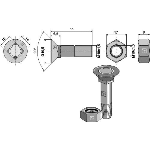 Tornillo de arado - M10x1-5x33 con tuerca hexagonal - LS11-TARM-005