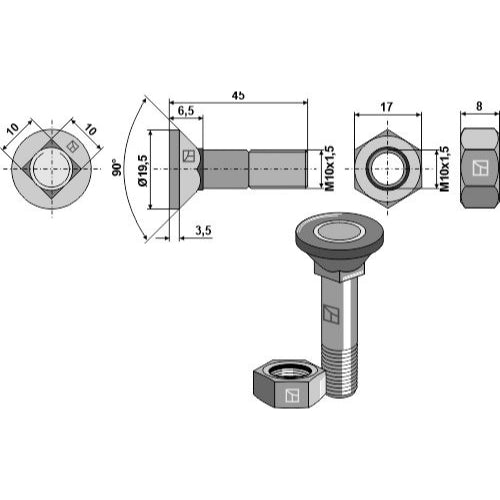 Tornillo de arado - M10x1-5x45 con tuerca hexagonal - LS11-TARM-015