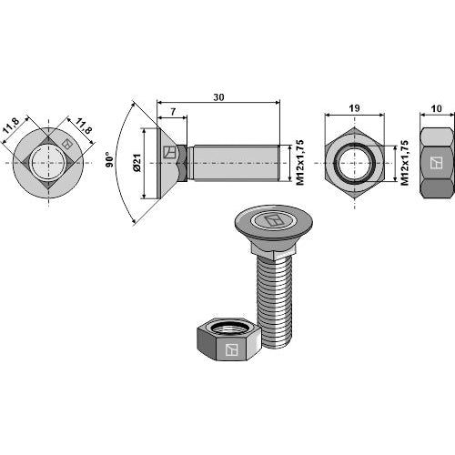 Tornillo de arado - M12 x 1-75 x 30 con tuerca hexagonal - LS11-TARM-039