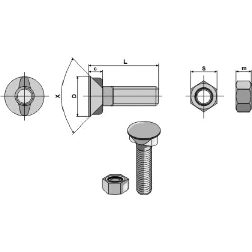 LS11-TARM-040 - Tornillo de arado - M12 x 175 x 30 con tuerca hexagonal - Adaptable para Niemeyer