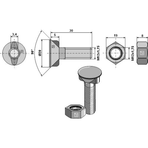 Tornillo de arado - M12 x 1-75 x 30 con tuerca hexagonal - LS11-TARM-041