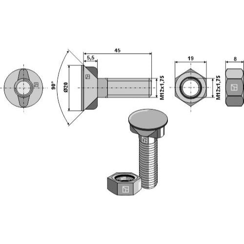 Tornillo de arado - M12 x 1-75 x 45 con tuerca hexagonal - LS11-TARM-082