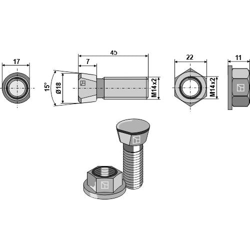 Tornillo de arado - M14 x 2 x 45 - LS11-TARM-143