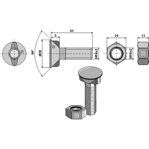 LS11-TARM-159 - Tornillo de arado - M16 x 2 x 60 con tuerca hexagonal