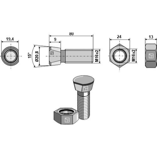 Tornillo de arado - M16 x 2 x 80 con tuerca hexagonal - LS11-TARM-165