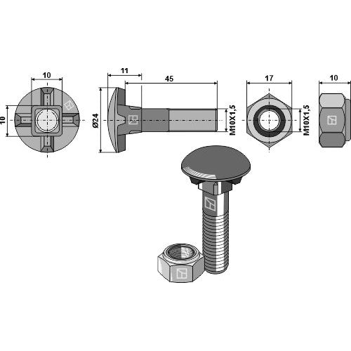 Tornillo de arado - M10 x 1-5 x 45 con tuerca hexagonal - LS11-TARM-172