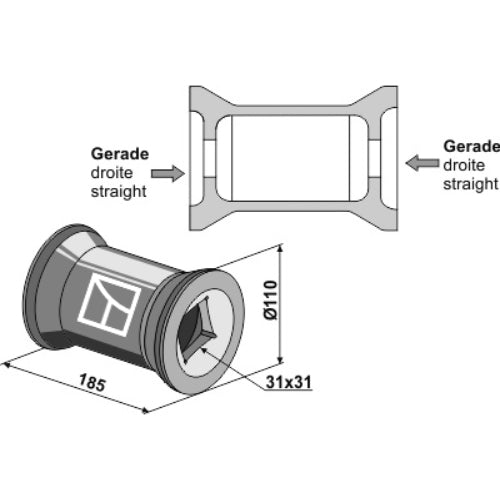 LS08-BPA-053 - Pieza intermedia para ejes cuadrados 30x30 - Adaptable para Gradas de discos y herramientas arrastradas