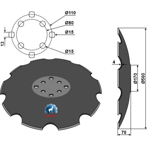 LS08-DCS-020 - Disco dentado con fondo plano - Ø560 - Adaptable para Agrisem