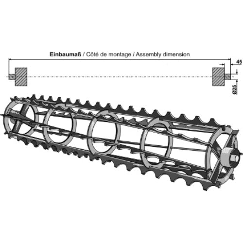 LS08-RDJ-019 - Rodillo jaula con barras dentadas con eje continuo -  1640mm