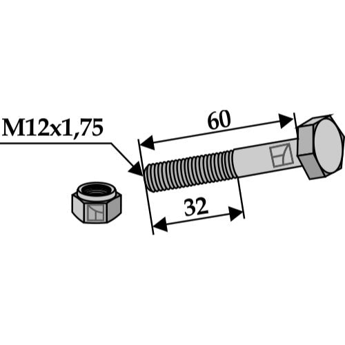 LS03-TSM-018 - Tornillo con tuerca autoblocante - M12x175 - 10.9 - Adaptable para Agrimaster / Epoke / Gilbers y otras
