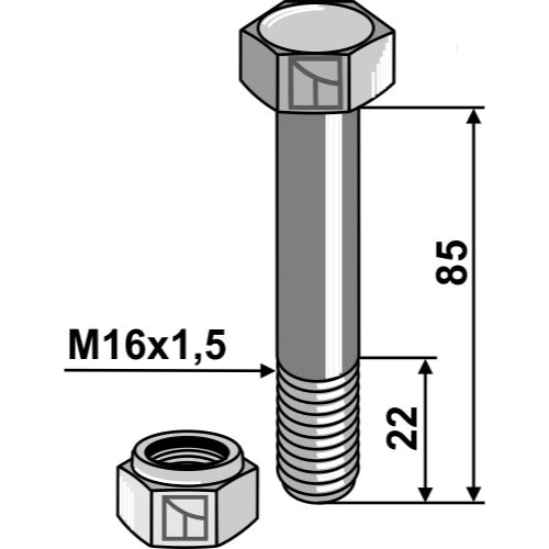 LS03-TSM-233 - Tornillo con tuerca autoblocante - M16x15 - 10.9 - Adaptable para Vogel u. Noot / Müthing