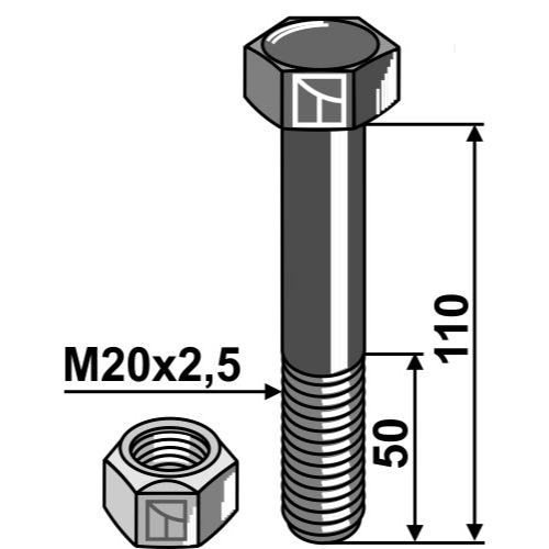 LS03-TSM-065 - Tornillo con tuerca autoblocante - M20 x 25 - 10.9 - Adaptable para Mulag