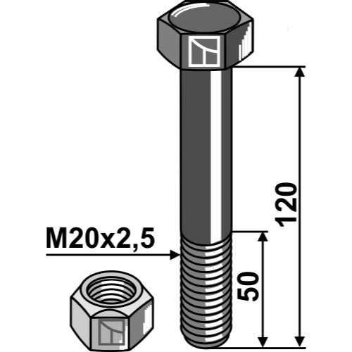 LS03-TSM-066 - Tornillo con tuerca autoblocante - M20 x 25 - 10.9 - Adaptable para Agromec / Mulag / Agricom
