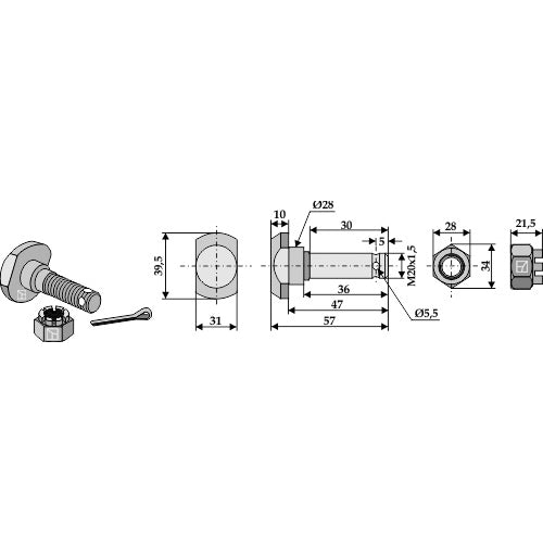 LS03-TSM-075 - Tornillo - M20 x 35 - 12.9 para cuchillas con tuercas amenadas - Adaptable para Schmidt