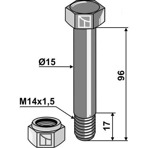 LS03-TSM-104 - Tornillo con tuerca autoblocante - M14x15 - 10.9 - Adaptable para Bomford