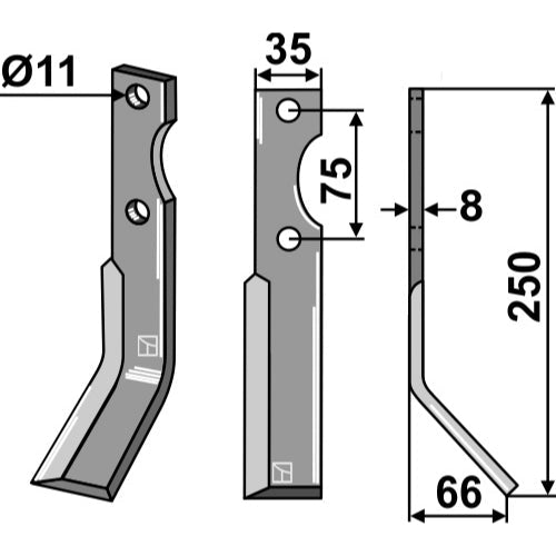 LS02-CUR-0675 - Cuchilla de rotavator lado derecho - Adaptable para Simon