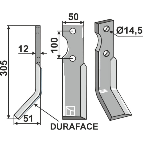 LS02-CUR-0706 - Cuchilla de rotavator DURAFACE lado izquierdo - Adaptable para Jones